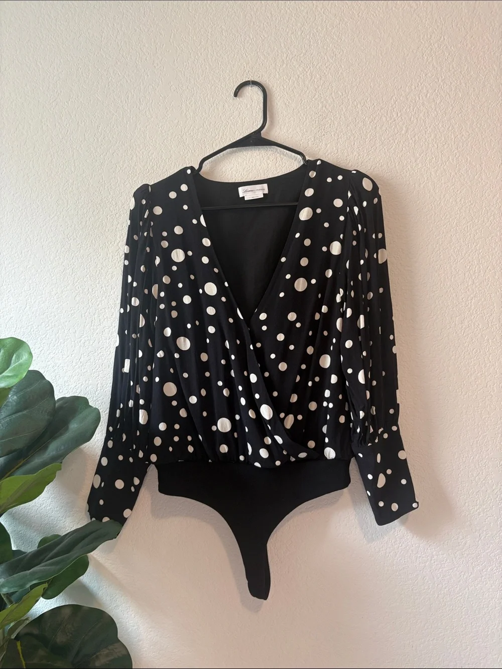 Lovers + Friends Small Black white Polka Dot Wrap long sleeve Bodysuit